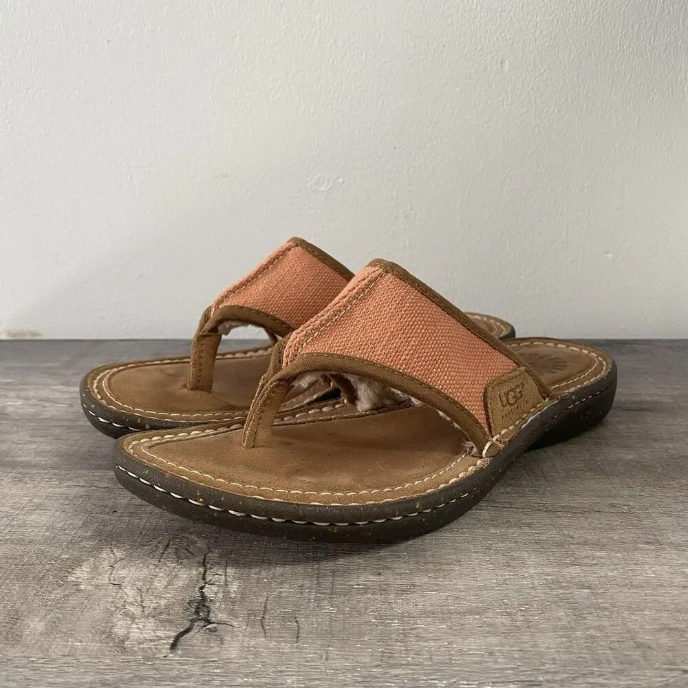 UGG Australia Flip Flops Womens 6 Coral Seafoam Leather Sandals Sherpa Fur Lined
